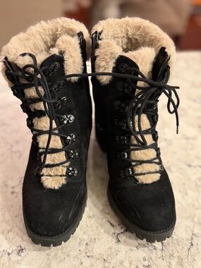 Madden Girl Black Suede Winter Boots with Cream Faux-Fur Trim